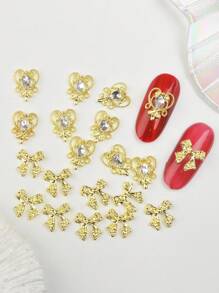 20pcs Luxury Japanese Elegant Heart Shape Decorations, Mixed With 3D Precise Craft, Ribbons, Bowties - Nail Art Decorations