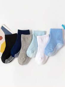 6 双儿童纯色条纹防滑点胶棉袜，春夏秋季