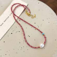 1pc Boutique French Romantic Elegant Collarbone Necklace With Red Stones And Pearl Beaded Chain, Versatile Choker For Spring & Summer