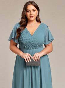 EVERPRETTY Plus Size Women Double V-Neck Ruffles Sleeve A-Line Chiffon Midi Wedding Guest Dress, Bridesmaid Dress