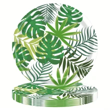 10pcs Hawaiian Tropical Luau Party Supplies Green Leaf With Flowers Design Paper Plates Cups Napkins For Summer Themed Parties Decoration