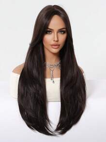 26 Inch Synthetic Heat Resistant Long Curly Wig, Middle Part, Black Brown Color, Natural Smooth Realistic For Everyday Wear (Accessories Not Included) - Black Brown - View 4
