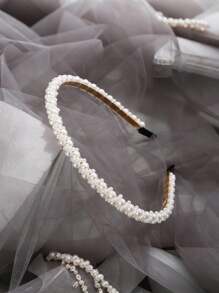 1pc Knotted Faux Pearl Bridal Headband Bow Hair Clip Elegant Tiaras