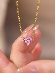 BALMORA 1pc 925 Sterling Silver Vintage Elegant Cute Sweet Mini Pink Heart Zirconia Pendant Necklace, Suitable For Women, Girlfriend, Birthday, Valentine's Day Jewelry Gift - Gold - View 3