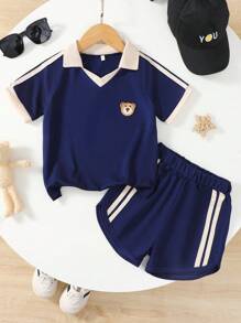Conjunto deportivo informal de niño con camiseta de manga corta y pantalón corto, para primavera/verano - azul real - Ver 1