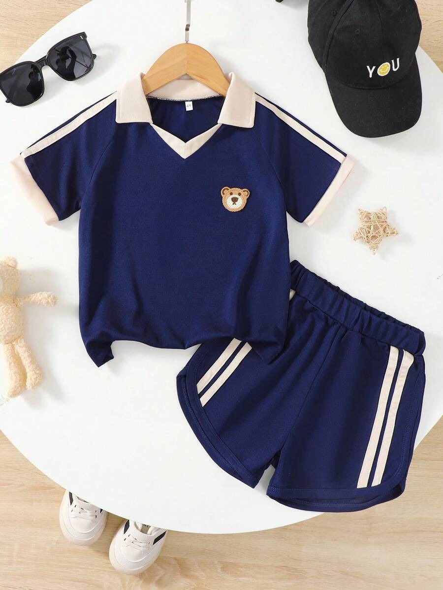 Conjunto deportivo informal de niño con camiseta de manga corta y pantalón corto, para primavera/verano - azul real - Ver 1