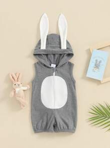 Infant Baby Easter Hooded Romper Cute Sleeveless Zip Up 3D Rabbit Ear Contrast Color Jumpsuit Toddler Clothes For Boys Girls Cute Style