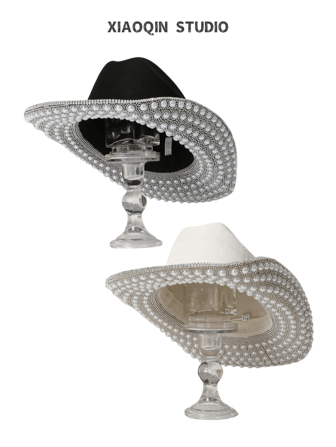 1pc Handmade Women's Faux Suede Fedora Hat With Faux Pearl & Crystal Decor, High-End Western Style Cowgirl Hat, Rhinestone Trimmed Brim Jazz Cap, Suitable For Wedding, Stage Performance, Party, Daily Wear, Fashion , Cowboy Hat Enthusiast Collection