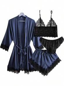 4 Piezas Pijamas de Satén Mujer,Juego de Pijama clásico,Ropa de Dormir Sexy con Bata Pijamas de Satén Mujer - Azul oscuro - Ver 2