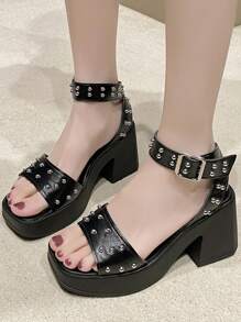 [Black Faux Ankle Boots High Heels] Elegant Women Black Strap Sandals - Open Toe Chunky Heel, Silver Rivet Buckle Closure - Comfortable Summer Elevator Shoes, Rubber Sole, High Heels