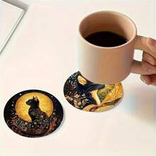 6pcs Black Cat & Night Wooden Coasters - Heat Resistant, Home & Cafe Decor Cup Mats - Perfect Accessory For Afternoon Tea & Holiday Gifts