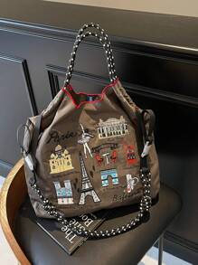 2025新款流行女士手提包，大容量通勤小众设计单肩斜挎包，休闲百搭简约时尚手提包，舒适尼龙面料拼色可调节长肩带，宽敞开口设计，适合秋冬季