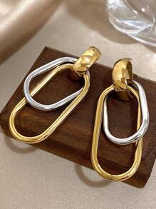 1Pair Double Circle Square Earrings Golden Dangle Earrings For Women Stainless Steel Earrings For Daily Party Birthday Christmas Jewelry Gifts