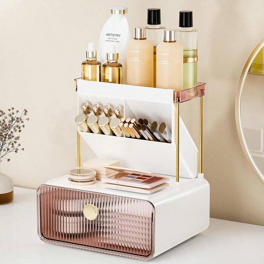 2-Tier 1-Drawer Bathroom Counter Organizer, Multi Purpose Makeup Organizer Countertop, Ideal For Present, Easy To Install, Suitable As Bathroom Organizers And Storage, Pink Home Bathroom Decor - Pink - View 1
