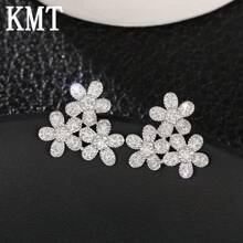 2pcs Copper Alloy Encrusted Cubic Zirconia Flower Stud Earrings, Elegant & Luxurious, Suitable For Daily, Party & Banquet