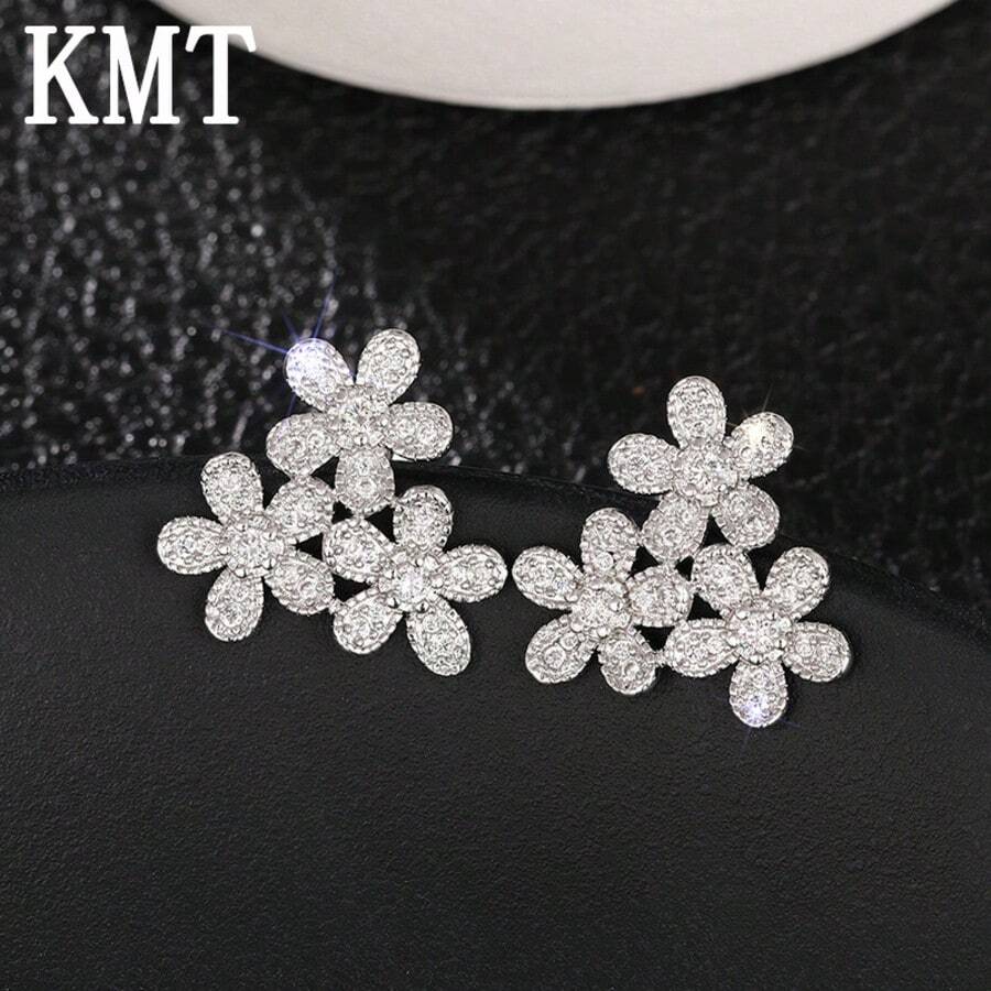 2pcs Copper Alloy Encrusted Cubic Zirconia Flower Stud Earrings, Elegant & Luxurious, Suitable For Daily, Party & Banquet