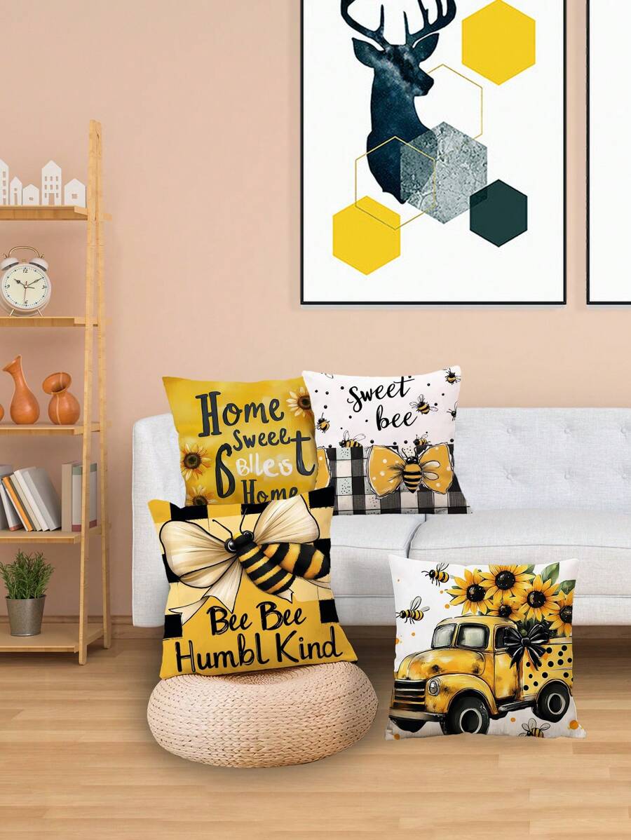 4pcs Sunflower & Bee Themed Pillow Covers, 17.7*17.7 Inch (Without Fillings), Fabric Home Decor Sofa Cushion Cover, For Home, Living Room, Holiday Decoration