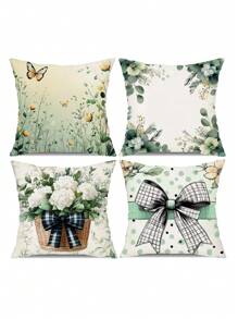 Set de 4 fundas de cojín y funda de almohada de felpa corta de poliéster con estampado floral verde fresco