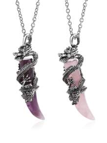 1pc Vintage Man Crystal Necklace Dragon Natural Stone Rose Quartz Black Obsidian Tiger Eye Amethyst Pendant Stainless Steel Necklaces Amulet H181 - Necklace - View 1