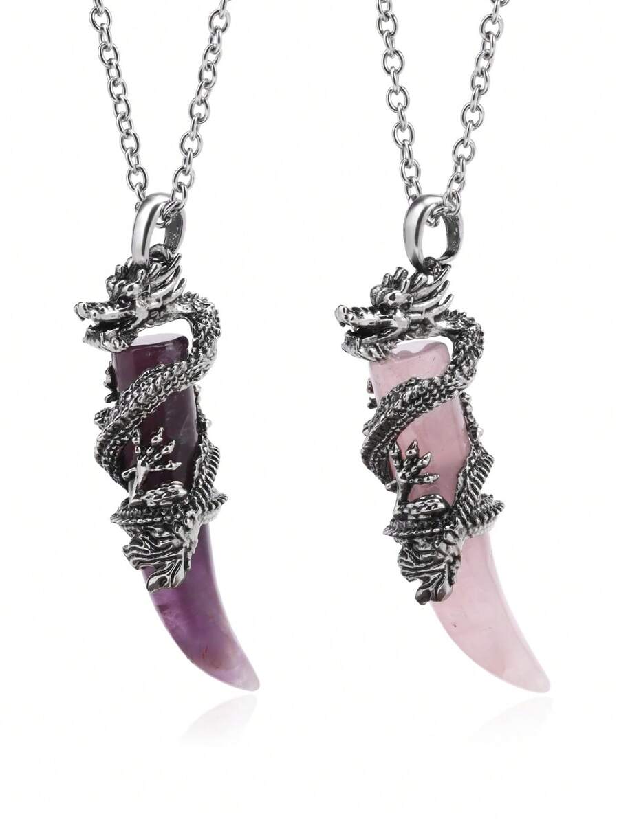 1pc Vintage Man Crystal Necklace Dragon Natural Stone Rose Quartz Black Obsidian Tiger Eye Amethyst Pendant Stainless Steel Necklaces Amulet H181 - Necklace - View 1