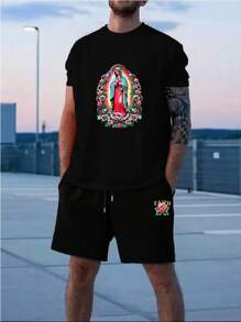 Men's Faith Graphic Short Sleeve T-Shirt And Shorts Set, Casual Daily Wear