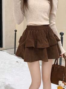 Corduroy Skirt With Tiered Ruffle Design - 咖啡棕 - 查看 4