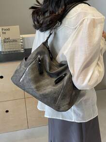 Matte Textured Large Capacity Fashionable Versatile Shoulder Bag, High-End Feel Beach Tote Handbag Shopping Bag - Black - View 5