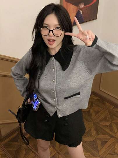 撞色仿口袋纽扣前休闲女式开衫，长袖，春秋季