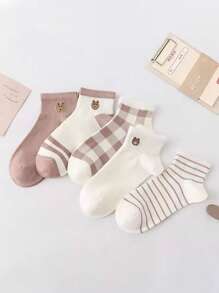 Set de 5 pares de calcetines bajos y casuales para mujer con lindo estampado de oso, de estilo de moda, transpirables y cómodos