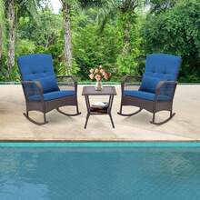 3 Pieces Rocking Bistro Set PE Rattan Rocking Chairs W/ 2-Tier Coffee Table Navy - Navy - View 1
