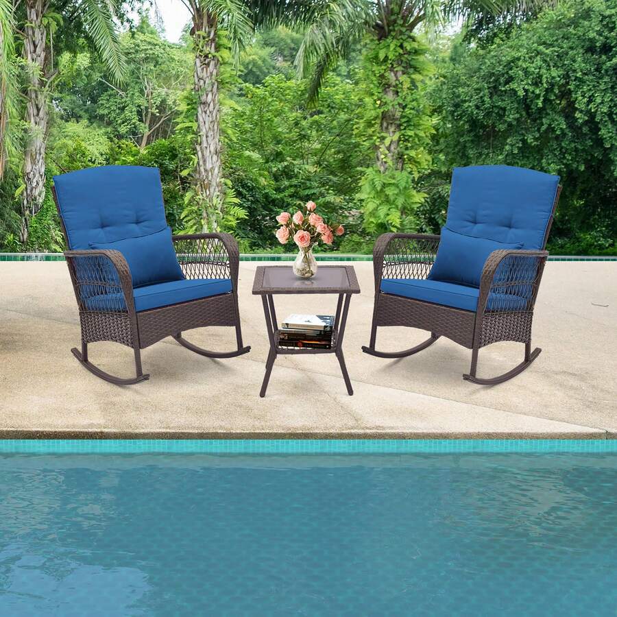 3 Pieces Rocking Bistro Set PE Rattan Rocking Chairs W/ 2-Tier Coffee Table Navy - Navy - View 1