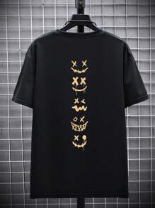 Plus Size Men's Letter & Figure Print Round Neck Lightweight Loose Casual Short Sleeve T-Shirt - Black - View 4