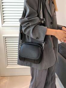 迷你时尚简约 PU 拉链便携式女士单肩包，休闲斜挎包，配有可调节肩带，适合购物、工作、礼物、户外 - 黑色 - 查看 5