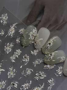 1片精美白色花卉美甲贴纸 5D水晶水钻花朵自粘美甲贴纸 DIY美甲设计 美甲用品 美甲贴纸 - 白色 - 查看 2