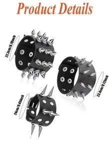 铆钉朋克风真皮手链，男女皆宜，朋克摇滚铆钉手链套装，黑色真皮铆钉朋克手链，环绕式手链，金属扣腕带，适合日常佩戴和送礼 - 黑色 - 查看 5