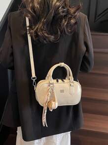 New Large Capacity Soft Leather Boston Tote Bag With Plush Doll Charm Decor, Crossbody Ladies Handbag, Suitable For Commute, Autumn/Winter