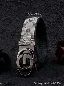 1pc Vintage Fashion Men's Quality Belt. Business Casual Men's Waist Belt. Daily Commute Stylish Men's Belt. Letter G Alloy Automatic Buckle Leather Belt. Premium Checkered Print Pants Belt. Suitable For Teen Summer Casual Outdoor Athletic Or Vacation Travel Or Graduation Gifts Or Birthday Dress Accessories Or Daily Wear. - Multicolor - View 3