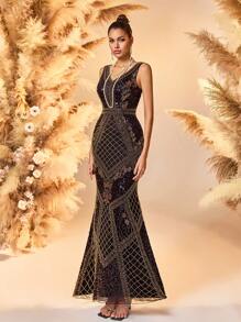 美人鱼下摆图案串珠 & 繁重工作 & 对称设计舞会礼服优雅正式晚间婚礼宾客礼服，适合毕业典礼、晚宴派对礼服 - 黑色 - 查看 1