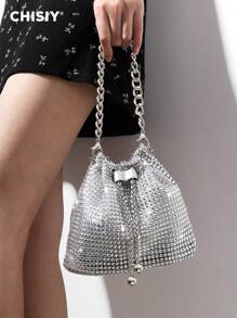 CHISIY Handcrafted High-End Sparkling Crystal Decorated Elegant Gold, Silver, Burgundy PVC & Fabric Fashion Bucket Tote Bag, Large Capacity Ladies Work, Shopping, Travel, Party, Wedding Handbag, Valentines & New Year Gift - Silver - View 1