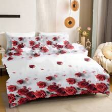 3pcs Set Rose Floral Printed Duvet Cover (1 Duvet Cover + 2 Pillow Shams, Without Filler), Soft Lightweight & Comfortable, Suitable For All Seasons, Machine Washable - Red and White - View 1