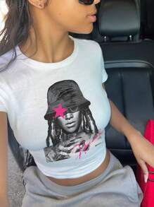 Women's Portrait Printed Cropped Tops, Fashionable & Versatile Sexy Street Style, Spring - White - View 2