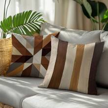 4pcs Coffee Geometric Painting Design Decorative Throw Pillow Covers, Skin-Friendly Peach Velvet Fabric, One-Sided Printed 45*45CM, Suitable For Home, Bedroom, Living Room, Sofa, Gift