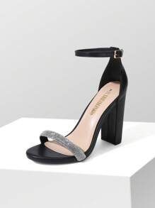 Women Rhinestone High Heeled Sandals Glamorous Chunky Heel Ankle Strap Open Toe Dressy Pump Sandals With Shiny Rhinestone Decor, For Party Wedding Prom - Black - View 1
