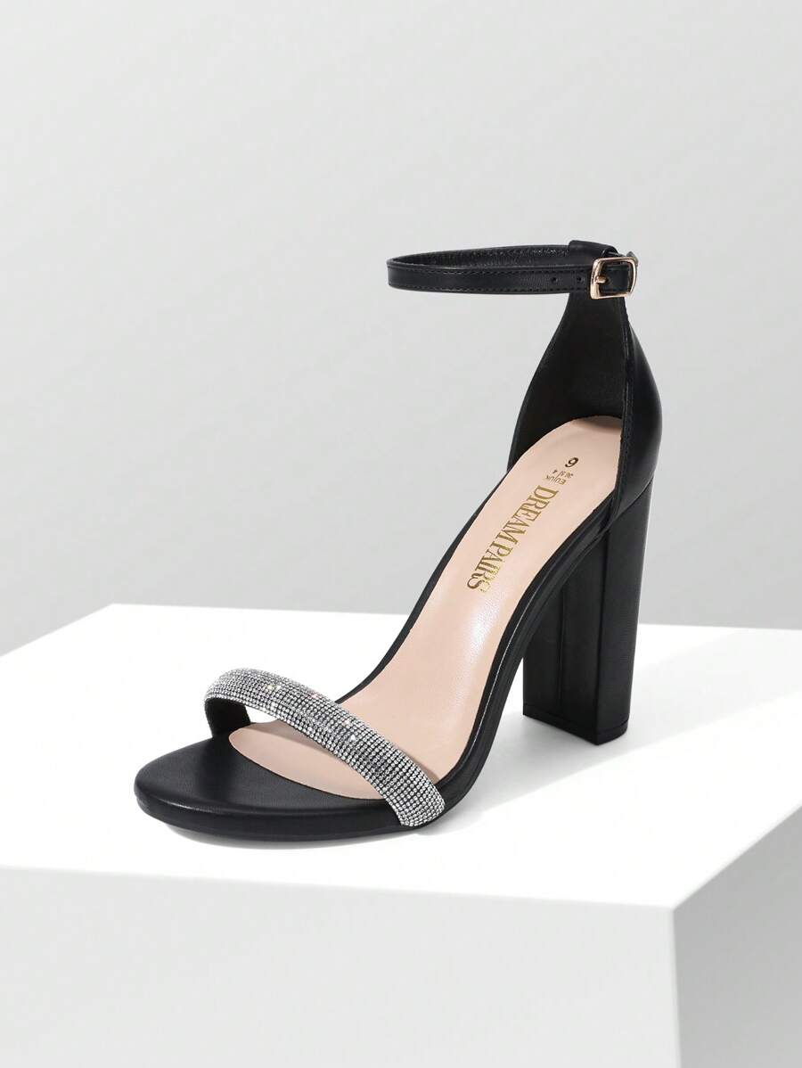 Women Rhinestone High Heeled Sandals Glamorous Chunky Heel Ankle Strap Open Toe Dressy Pump Sandals With Shiny Rhinestone Decor, For Party Wedding Prom - Black - View 1