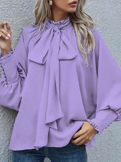 Fashionable Red Long Bishop Sleeve Blouse With Tie Neck And Frill Details Women's Regular Fit Polyester Top