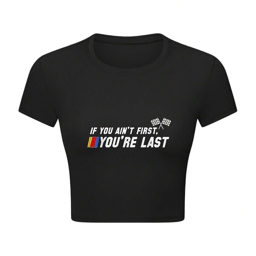 If You Ain't First, You're Last Women's Crop Top T-Shirt - Black With Racing Flag Design - Black - View 1