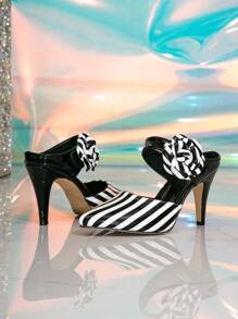 秋冬女士条纹镂空套脚鞋，魔术贴搭扣，花卉图案，黑白撞色，尖头高跟凉鞋，时尚百搭，适合派对和日常穿着，新款拖鞋，优雅 - 黑與白 - 查看 6