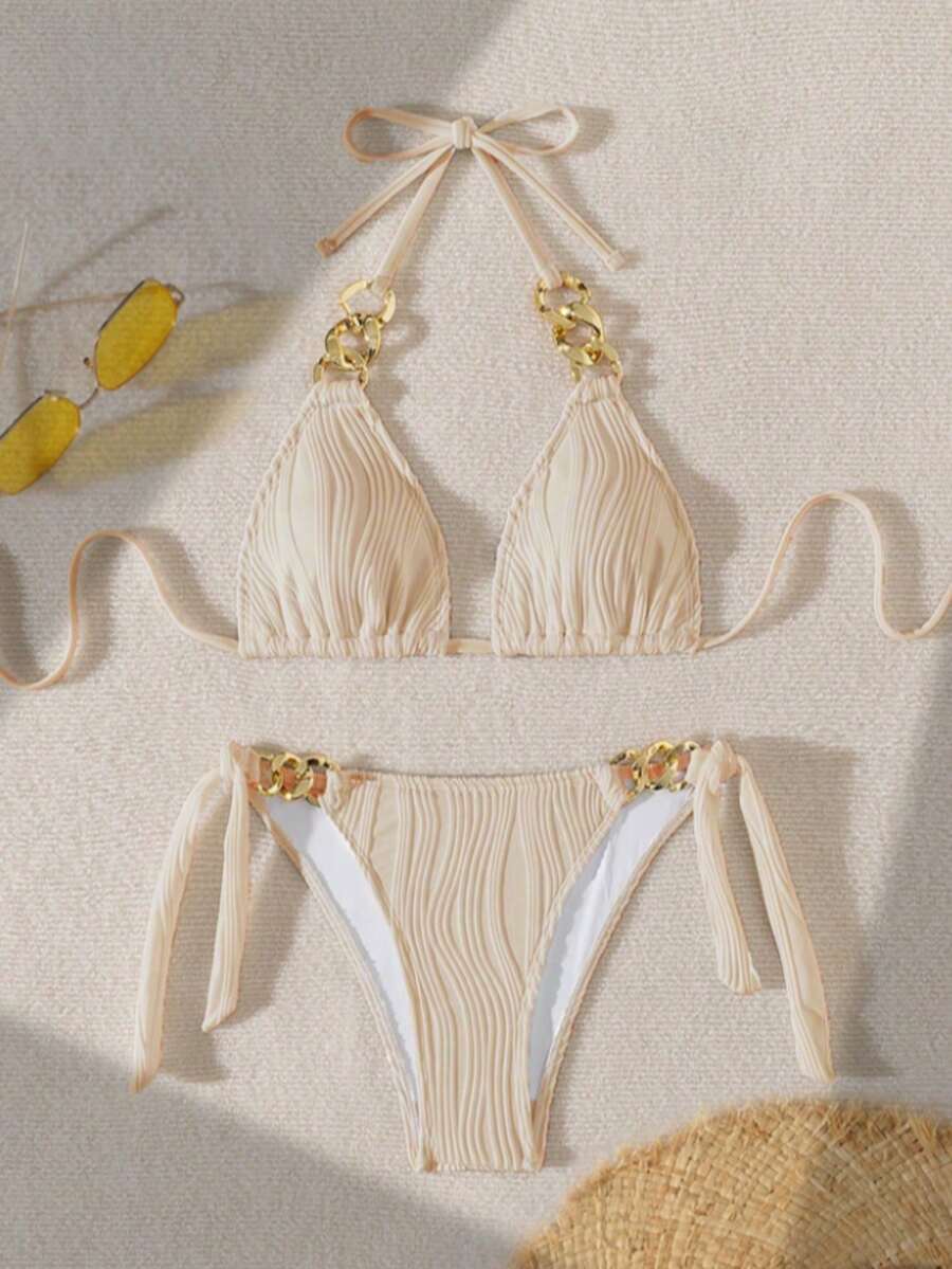 2pcs Vacation Bikini Swimsuit, New Spring/Summer Resort, Cruise, Spa, Beach Party, Special Fabric, Apricot Swimwear