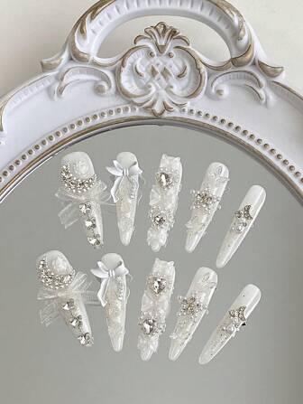 A Piece Of Ultra Long Armor Wedding Dress White Satin Face Base Three-Dimensional Moon Pearl Camellia Simple And Atmospheric Pure Handmade Wearing Armor, Suitable For Girls, Birthday Parties, Parties, Daily Life, Including A Piece Of Jelly Glue And A Nail Polish Press On Nails Nail Supplies Nails