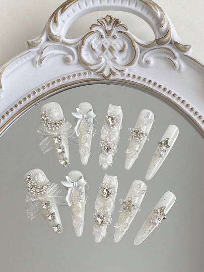 A Piece Of Ultra Long Armor Wedding Dress White Satin Face Base Three-Dimensional Moon Pearl Camellia Simple And Atmospheric Pure Handmade Wearing Armor, Suitable For Girls, Birthday Parties, Parties, Daily Life, Including A Piece Of Jelly Glue And A Nail Polish Press On Nails Nail Supplies Nails